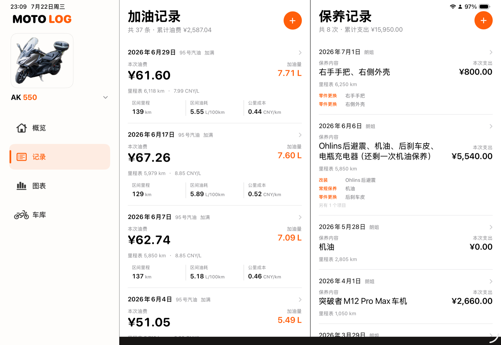 摩托油耗 iPad 加油和保养记录界面
